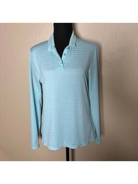 Nike Dri-FIT Long Sleeve Polo Striped Performance Athleisure Aqua Blue